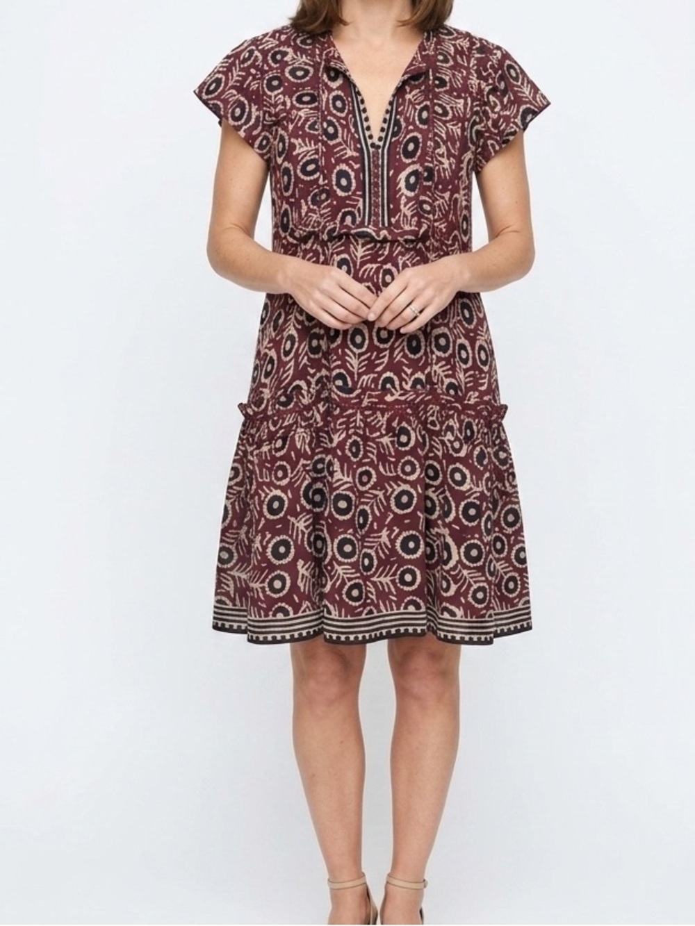 Sea New York Printed Ruffle Dress Burgundy Black Size 0 Feminine Boho Luxury